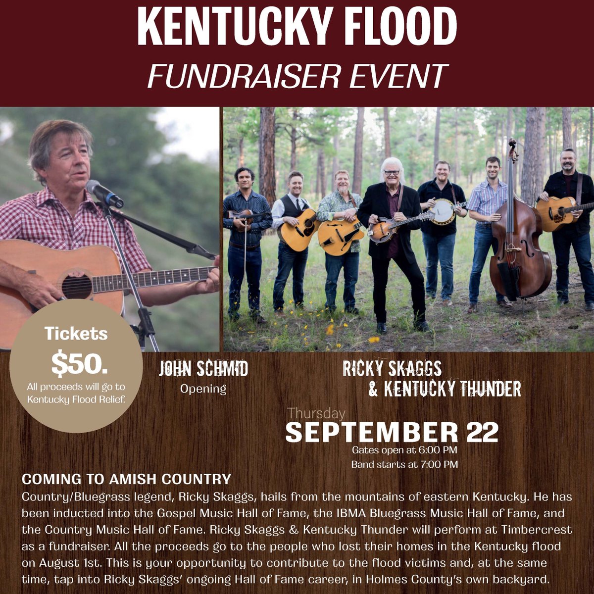 Ricky Skaggs &amp; Kentucky Thunder will perform in Millersburg, Ohio at the Timbercrest Camp and RV Park as a charity concert fundraiser for Kentucky flood relief and as an evening celebration for the Superb Food Independence Summit.

For more information: eventbrite.com/e/ricky-skaggs…