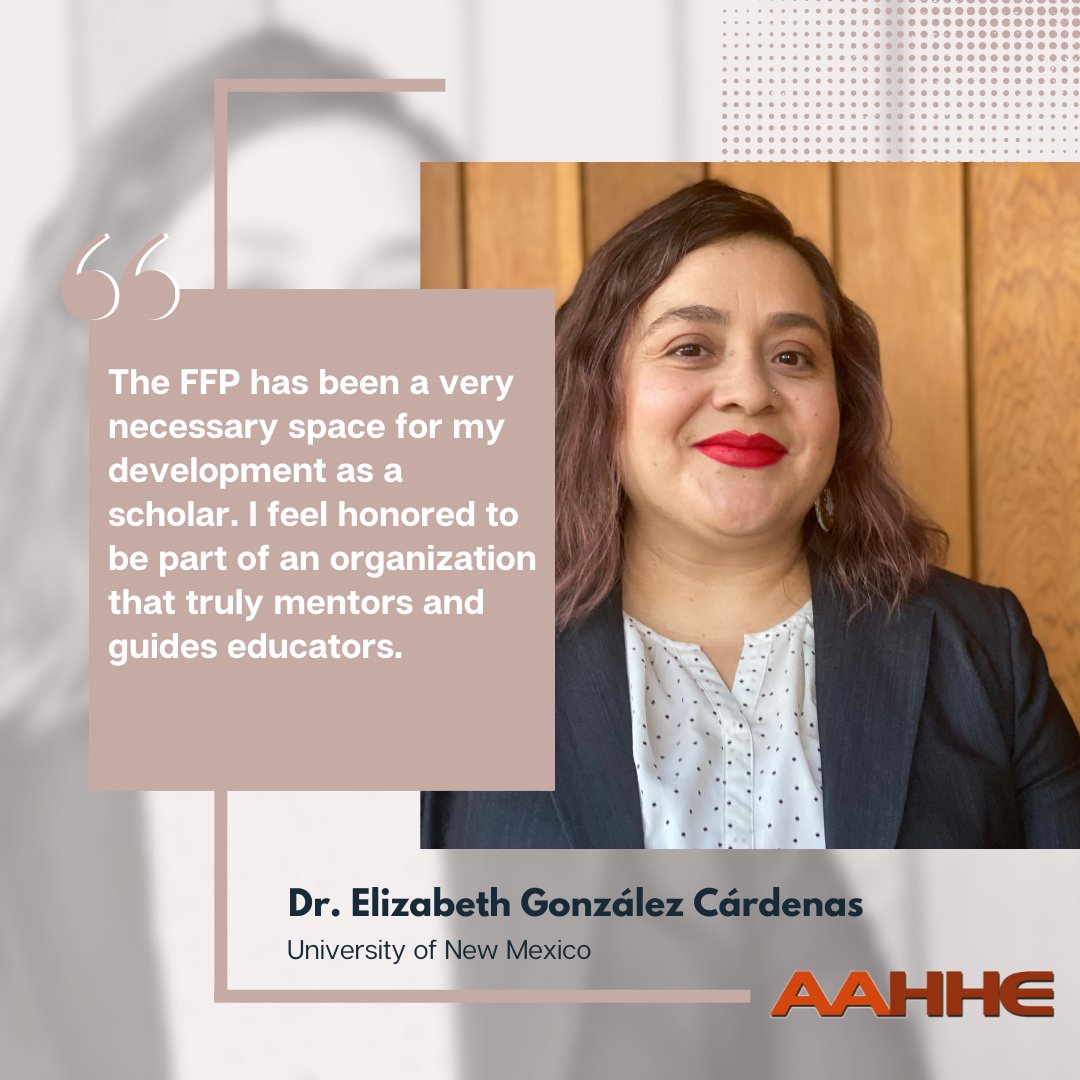 AAHHE (@aahheorg) on Twitter photo "The FFP has been a very necessary space for my development as a scholar. I feel honored to be part of an organization that truly mentors and guides educators." Â
- Dr. Elizabeth González Cárdenas, <a href="/UNM/">Univ. of New Mexico</a>
Learn more about the Faculty Fellows Program at ow.ly/315V50KkXwv "The FFP has been a very necessary space for my development as a scholar. I feel honored to be part of an organization that truly mentors and guides educators." Â
- Dr. Elizabeth González Cárdenas, <a href="/UNM/">Univ. of New Mexico</a>
Learn more about the Faculty Fellows Program at ow.ly/315V50KkXwv