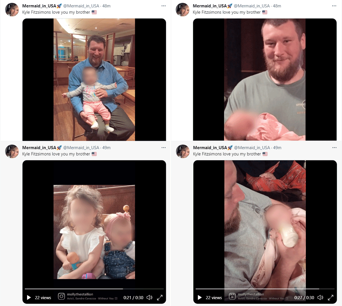 MasaSpalatin's tweet photo. #BloodyHeadWound's "cousin" @Mermaid_in_USA is pulling at your heartstrings using photos of #KyleFitzsimons +children. She left the faces unblurred (I added the blur here) clearly showing she cares more for a violent insurrectionist than for the rights of kids who can't consent. https://t.co/HCnqPaZNro