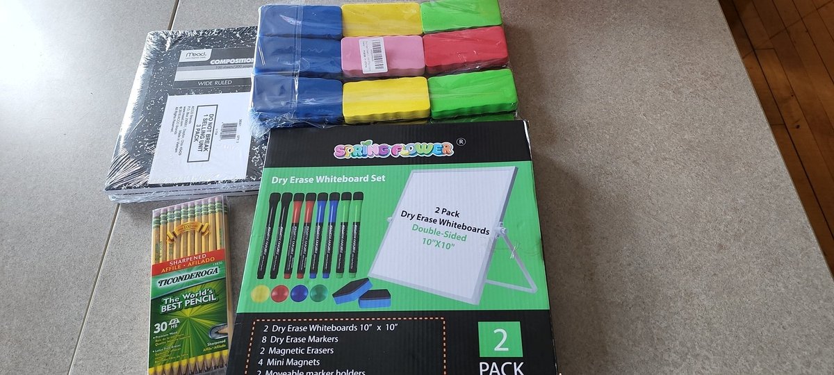 loves_teacher's tweet photo. @fun_almost I got my supplies today!! So excited 😊 🤗 THANK YOU!! This means a lot to me and my students (I'm not 😭) #teachersoftwitter #amazon #mathteacher #clearthelist #clearthelists https://t.co/yZpzIXZz6j