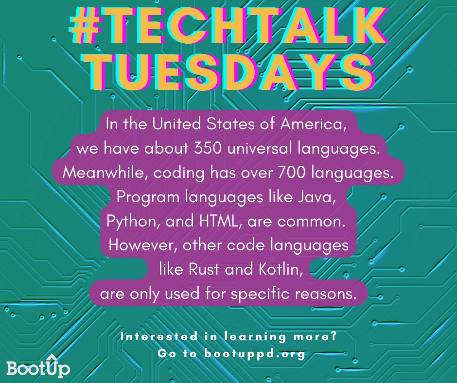 BootUpPD's tweet photo. We are excited to introduce #TechTalkTuesdays! Each Tuesday, we'll post fun facts about Computer Science and coding! Today we learned that coding has more languages than we speak in the entire USA!
#KidsWhoCode #Scratch #ScratchJr #BootUp #CSforALL #CSforTeachers #CSK8 #STEM https://t.co/8yvhXxQwPx