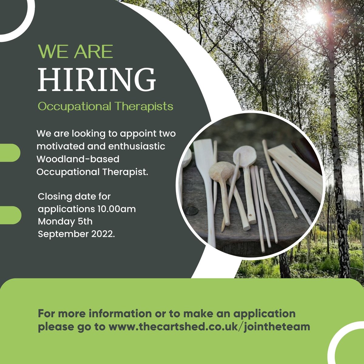 We are hiring! Opportunity for two motivated and enthusiastic Woodland Based Occupational Therapists. Closing date for applications Monday 5th September 2022. For more information or to make an application please go to thecartshed.co.uk/jointheteam
#herefordjobs #hereford