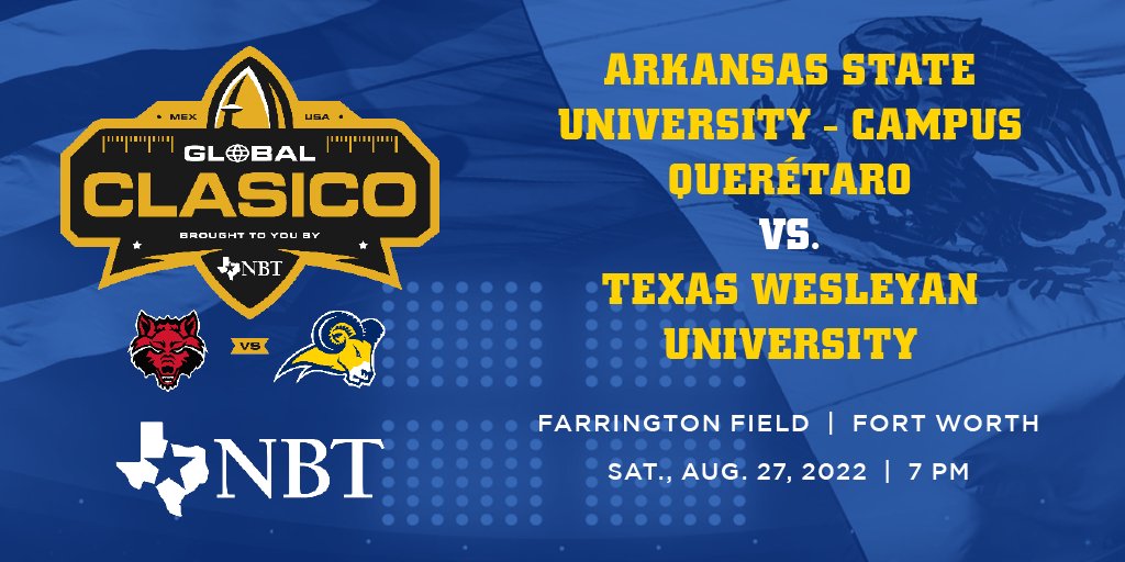The <a href="/TxWesFootball/">TxWes Football</a>  takes on <a href="/AStateRedWolves/">Arkansas State Red Wolves Athletics</a>  in the Global Clasico brought to you by NBT on August 27 at Farrington Field and we want to see you there! ⁣Concert starts at 5 PM // Game 7 PM