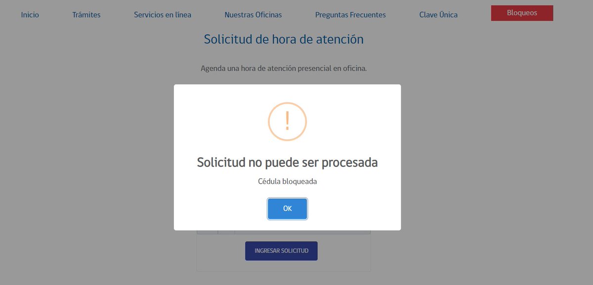 charl_sc's tweet photo. @RegCivil_Chile Hola, al intentar solicitar cita para renovar mi cedula me aparece que esta bloqueada.
¿A que se debe esto? https://t.co/yTmvWTvHZe