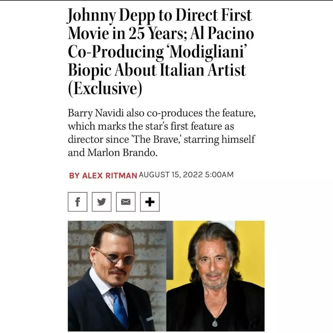 johnnydepp_guy's tweet photo. 💥Johnny Depp is set to direct his first film in 25 years. Depp will be directing the film Modigliani, a biopic about Italian painter and sculptor Amedeo Modigliani.

💥Depp will be co-producing the film with Al Pacino and Barry Navidi. https://t.co/9aAnthlMxT