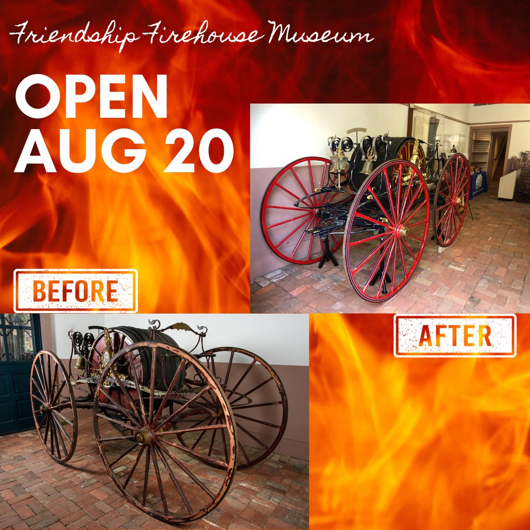 Friendship Firehouse is open on August 20! Come see the beautifully conserved hose reel carriage, restored to the way it looked when it was used to fight fires in the 1850s-1870s. $2 per person and no advance tickets are necessary. Free for Alexandria residents. #HistoricALX2U
