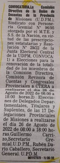 La C.D de <a href="/udpm_misiones/">UDPM</a>  COMUNICA que ya se han cumplimentado todas las notificaciones y actuaciones ante los organismos correspondientes RATIFICANDO las elecciones generales para el próximo viernes 26/8/2022. La verdad y transparencia siempre estuvo de nuestro lado. #Lista2