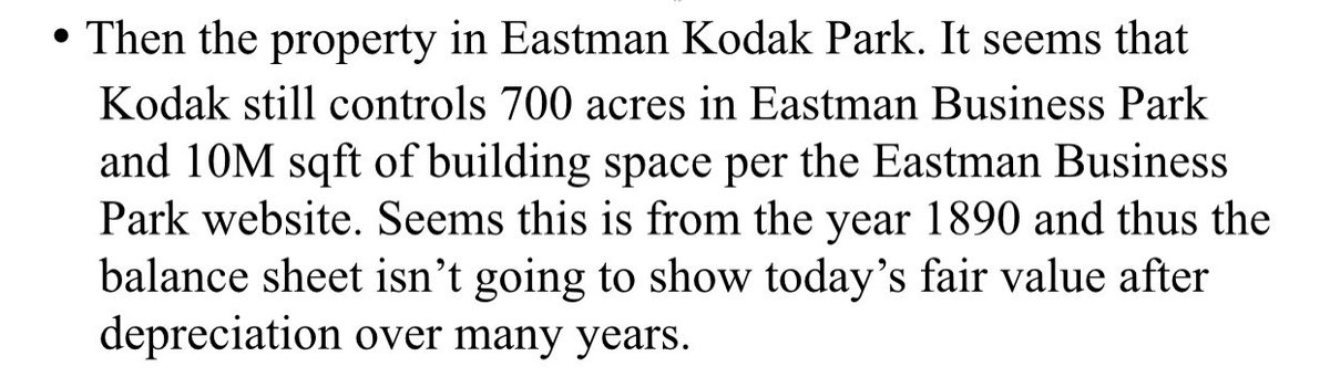 $KODK - don’t forget their Eastman Business Park that’s seen a resurgence with many companies (ie Plug Power and Amazon) setting up shop now. Much of this property is from the 1800’s, depreciated on bal sheet. Hundreds of acres w/ Kodak collecting $14M+/yr in rent. Today’s value?