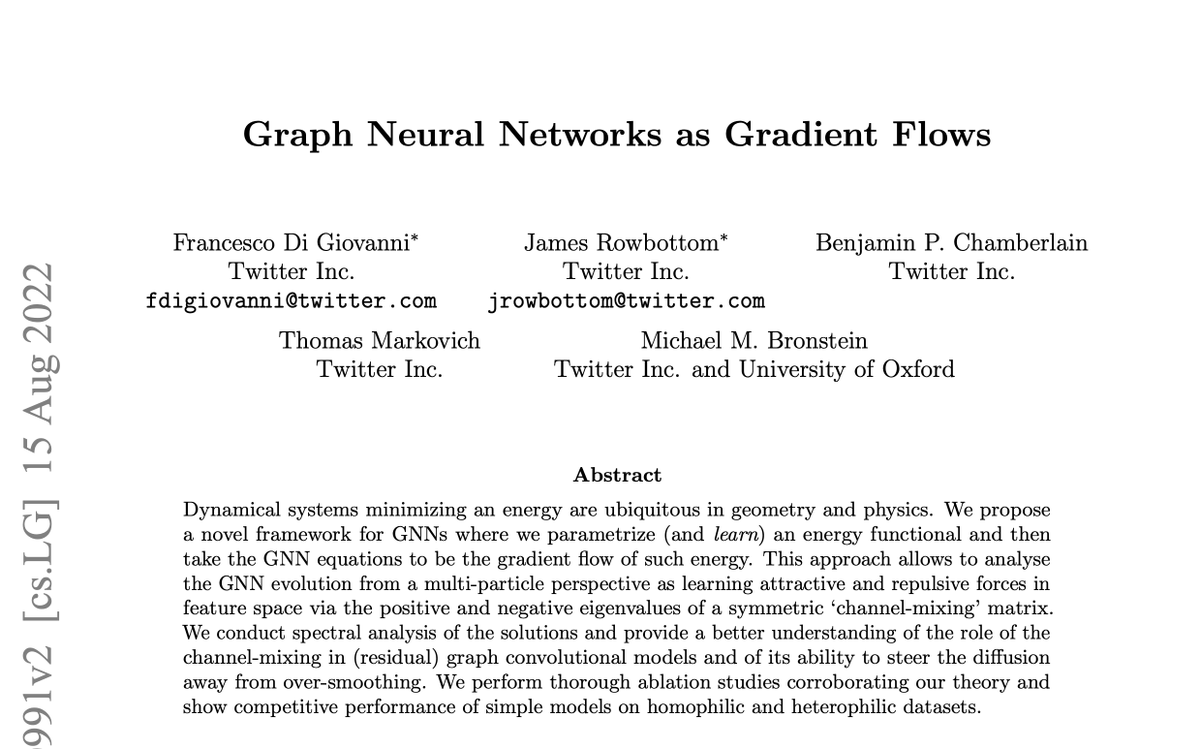 Francesco Di Giovanni (@francesco_dgv) on Twitter photo I am happy to share a recent work on energy functionals giving rise to GNN equations via gradient flows 🧵
arxiv.org/abs/2206.10991
This is joint work with <a href="/_JRowbottom/">James Rowbottom</a>*, @b_p_chamberlain, T. Markovich, and <a href="/mmbronstein/">Michael Bronstein</a> I am happy to share a recent work on energy functionals giving rise to GNN equations via gradient flows 🧵
arxiv.org/abs/2206.10991
This is joint work with <a href="/_JRowbottom/">James Rowbottom</a>*, @b_p_chamberlain, T. Markovich, and <a href="/mmbronstein/">Michael Bronstein</a>
