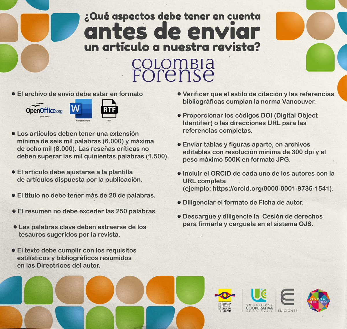 MedLegalColombi's tweet photo. 📕#RevistaCientífica | Se encuentra abierta la #Convocatoria para la publicación de artículos en nuestra Revista #ColombiaForense. Para mayor información ingresa a👉 https://t.co/xEPeb6RVZD 📖 #EdicionesUCC #OtraFormaDeLeerLaCiencia https://t.co/5XyYYGBPYv