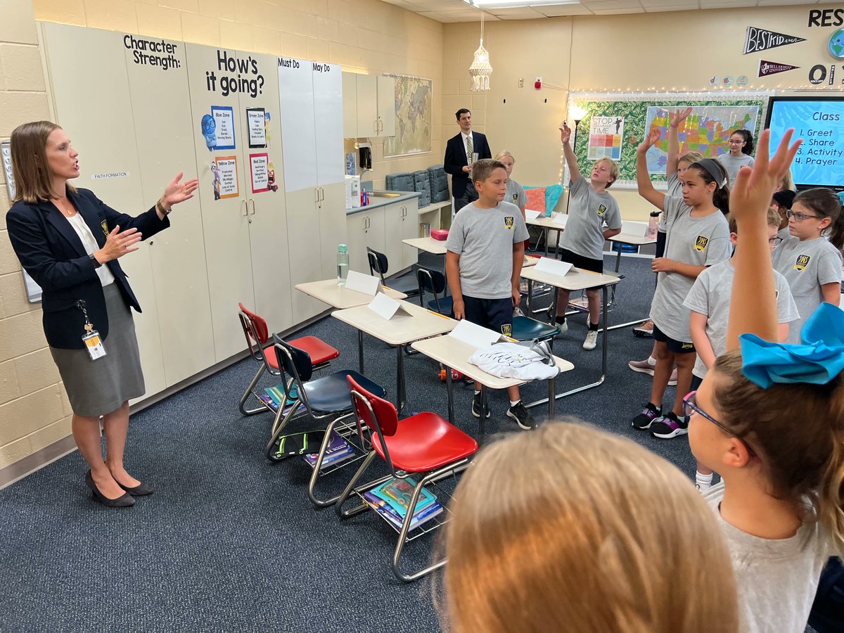 StMSCary's tweet photo. Mrs. Navarro, Mr. McLaughlin, Mrs. Gucwa, and Fr. John enjoyed visiting each classroom today to meet our Angels! #FirstDayofSchool #StMS2022 https://t.co/LZL5LrL632