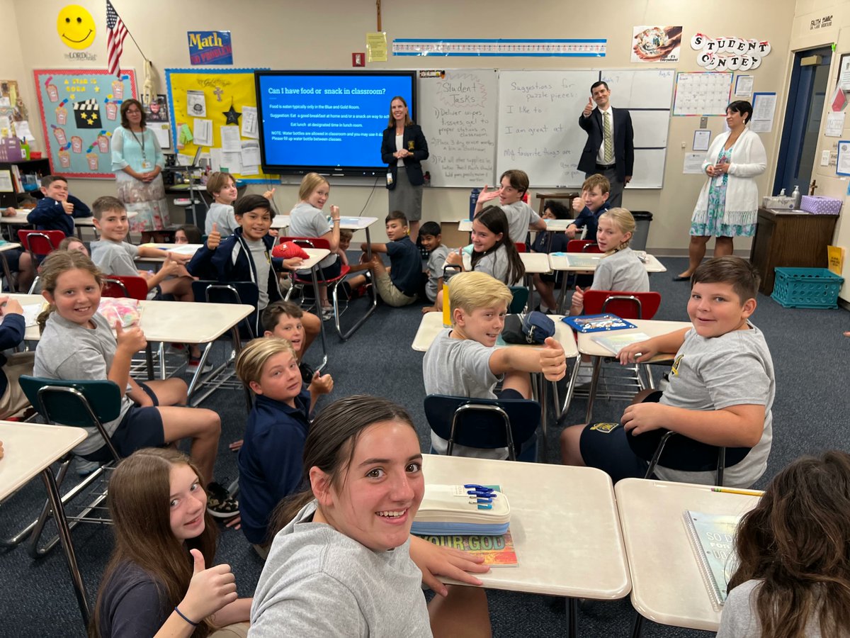 StMSCary's tweet photo. Mrs. Navarro, Mr. McLaughlin, Mrs. Gucwa, and Fr. John enjoyed visiting each classroom today to meet our Angels! #FirstDayofSchool #StMS2022 https://t.co/LZL5LrL632