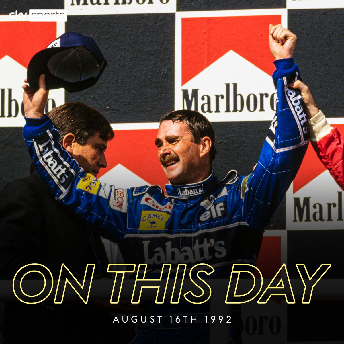 SkySportsF1's tweet photo. An iconic day for @nigelmansell 🏆 

On this day 30 years ago, he became World Champion 🙌 https://t.co/tVZiso4eFk