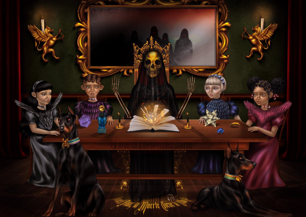 6 months later and I’ve finally finished 🥲 

“La Vida es una Comedia Divina” (Pero en el Final, la Muerte Tiene la Última Risa). This piece is a depiction of what it feels like as a young child to learn that the adults around you are the actual monsters.