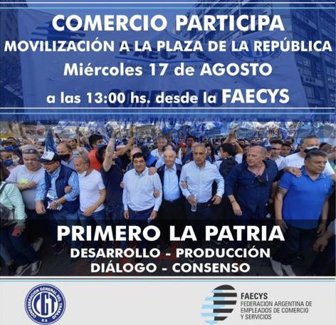 StreamComercio's tweet photo. Mañana miércoles 17 de agosto los trabajadores y las trabajadoras de comercio nos movilizamos en defensa de nuestros salarios y en contra de la especulación financiera. 
@CarlosPerezSEC @Sergio_OrtizOk @sabriparedessec @MGonzalezSEC 

#PrimeroLaPatria https://t.co/RITHIM6T8T