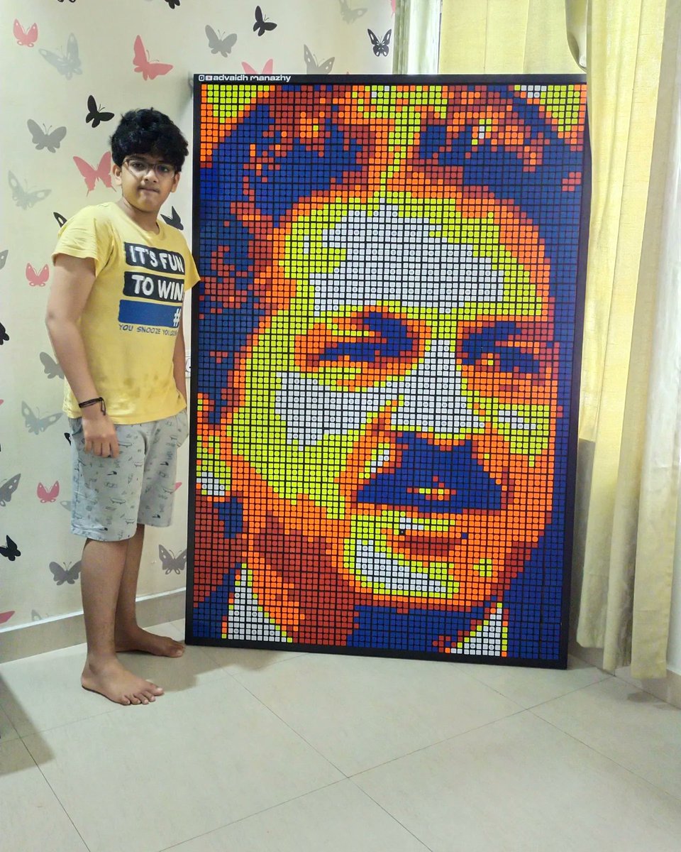 MAdvaidh's tweet photo. Here is a sweet surprise to Sir @anandmahindra all the way from Kerala.A Rubik's cube Mosaic art created using 600 Rubik's cubes!I'm Advaidh Manazhy a student of Bhavans Adarsha Vidyalaya,Kochi.
Video Link : https://t.co/zEPZiGg9GZ

@MahindraRise 
@tech_mahindra 
#AnandMahindra https://t.co/cUu1k3ypXE