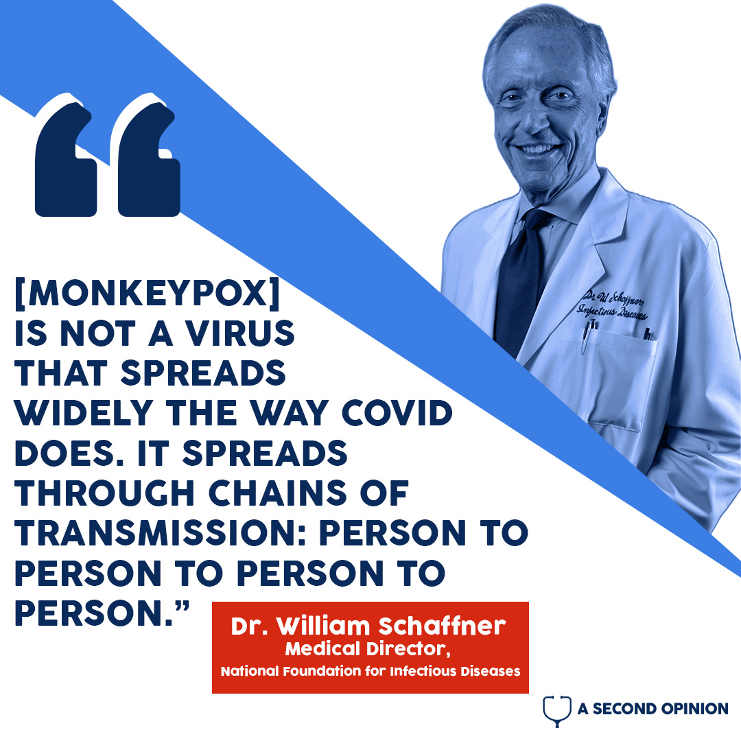 Hear answers to all your questions on #monkeypox on our <a href="/asopodcast/">A Second Opinion Podcast</a> w/ infectious disease expert Dr. William Schaffner: podcasts.apple.com/us/podcast/188… 

We talk how the virus spreads, who's at risk, who should get vaccinated, how it differs from Covid, &amp; more.