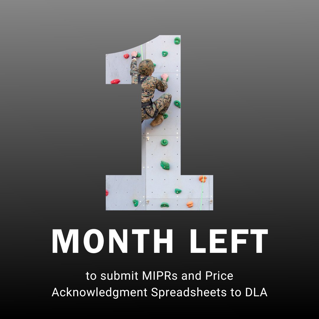 SupplyCoreInc's tweet photo. There's only ONE MONTH left to submit MIPRs and Price Acknowledgment Spreadsheets to DLA before the end of the fiscal year❗ If you need help navigating the payment process this Year End, contact us! Our experts are here to help. https://t.co/WURizO74JQ https://t.co/eCXMQgdoUY