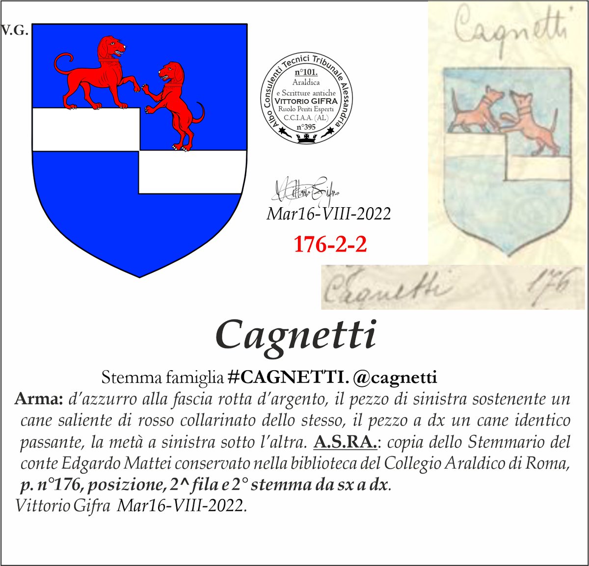 VGIFRA's tweet photo. Stemma famiglia #CAGNETTI. @cagnetti
A.S.RA.: copia dello Stemmario del conte Edgardo Mattei conservato nella biblioteca del Collegio Araldico di Roma, p. n°176, posizione, 2^ fila e 2° stemma da sx a dx. Vittorio Gifra  Mar16-VIII-2022. https://t.co/lGzyt5cAq2