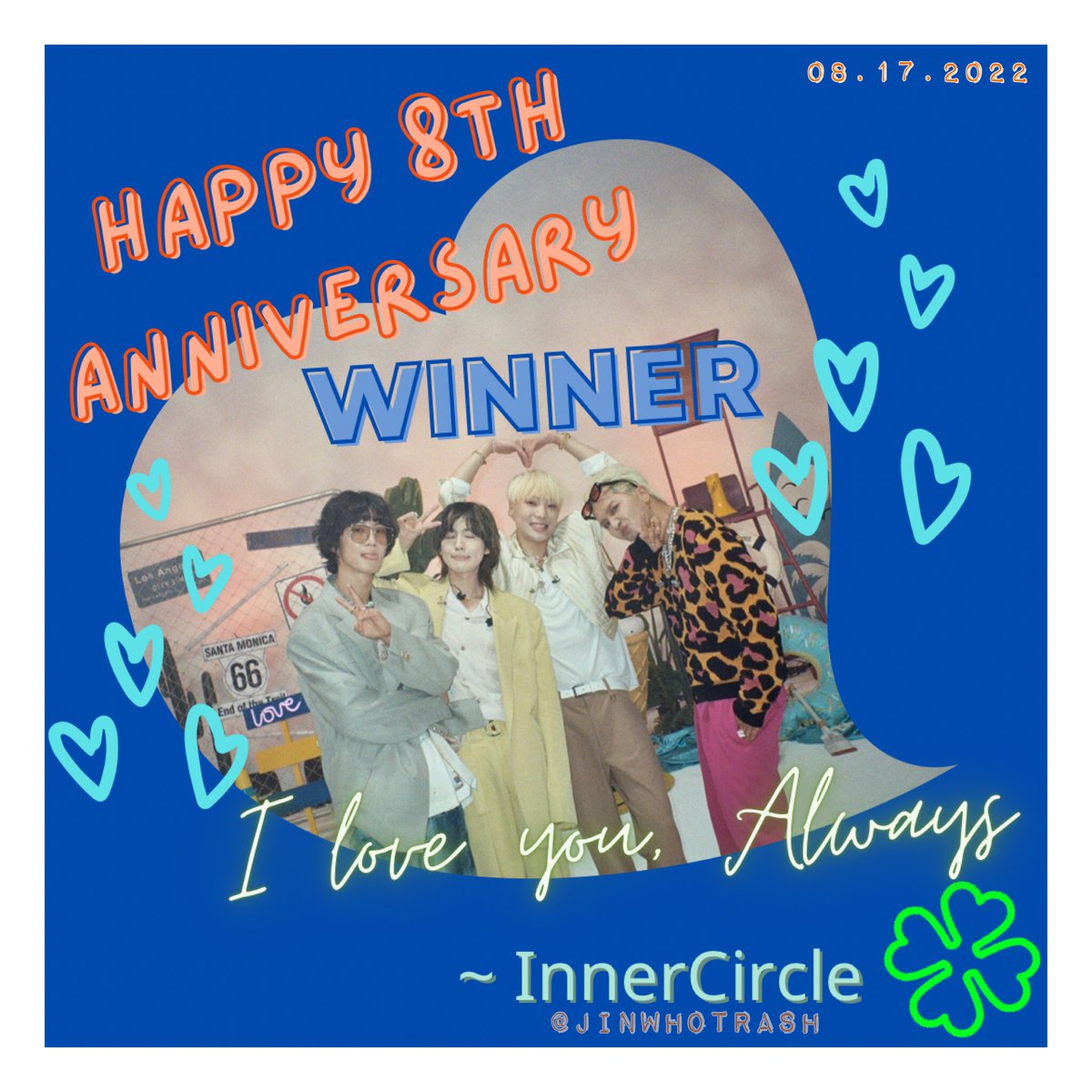 jinwhotrash's tweet photo. I💙U, Always 🍀

LETS CELEBR8 WITH WINNER 
#Happy8thAnniversaryWINNER 
#지켜나가자_위너_8주년_영원히 

#WINNER #위너 #InnerCircle 
#JINU #HOONY #YOON #MINO 
@yg_winnercity @yginnercircle 
@official_jinu_ @official_hoony_   @official_yoon_ @official_mino_ https://t.co/echpl266nk