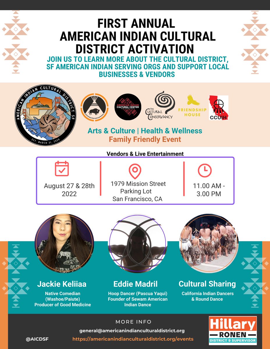 aicdsf's tweet image. Save the date! Join AICD, Supervisor Ronen’s Office, and sister Native orgs Saturday-Sunday, August 27-28, for the First Annual District Activation, a family-friendly event showcasing local vendors and inter-tribal American Indian cultural sharings. 

#AICD #IndigenizeSF