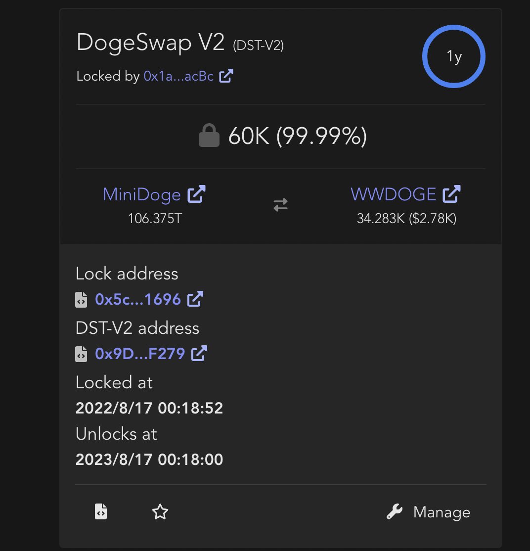 MiniDoge_Doge's tweet photo. Liquidity lock is complete!

#Dogechain  #dogeswap https://t.co/2aye7IAiaP