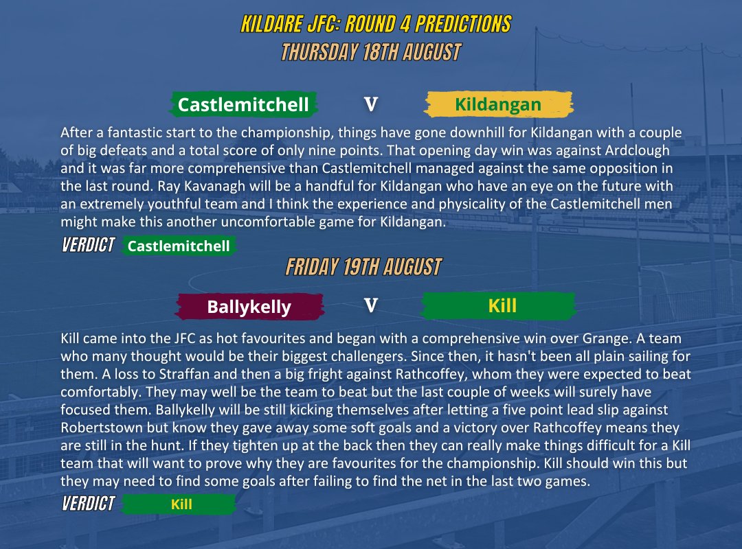 KildareFan2025's tweet image. 𝐊𝐢𝐥𝐝𝐚𝐫𝐞 𝐉𝐮𝐧𝐢𝐨𝐫 𝐂𝐡𝐚𝐦𝐩𝐢𝐨𝐧𝐬𝐡𝐢𝐩 𝐑𝐨𝐮𝐧𝐝 𝟒 𝐏𝐫𝐞𝐝𝐢𝐜𝐭𝐢𝐨𝐧𝐬
Predictions for the next round of the Junior Championship starting on Thursday night.