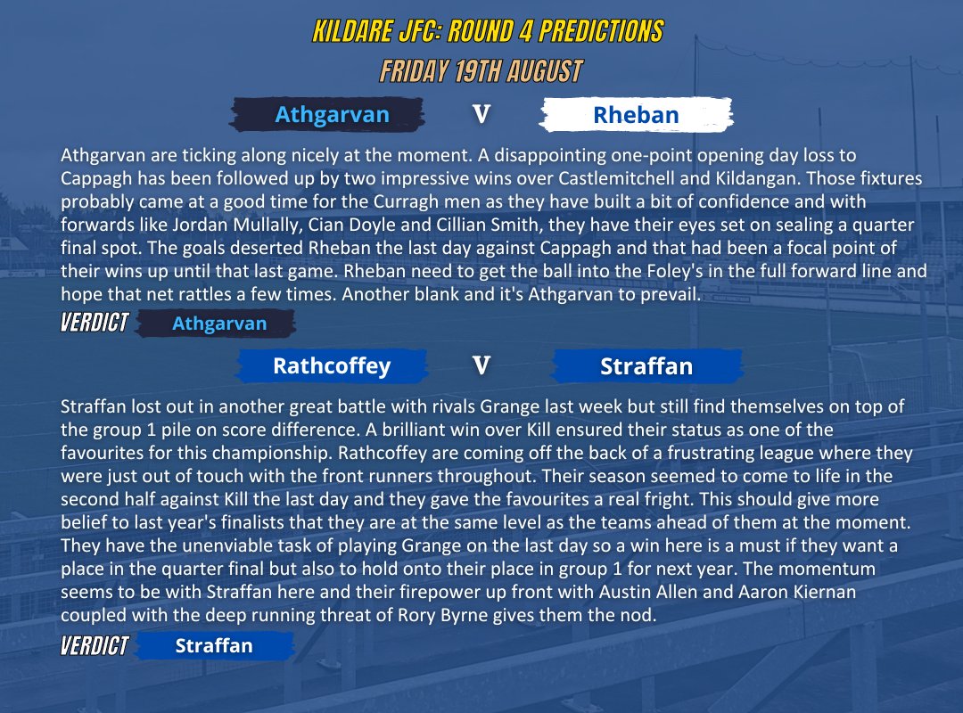 KildareFan2025's tweet image. 𝐊𝐢𝐥𝐝𝐚𝐫𝐞 𝐉𝐮𝐧𝐢𝐨𝐫 𝐂𝐡𝐚𝐦𝐩𝐢𝐨𝐧𝐬𝐡𝐢𝐩 𝐑𝐨𝐮𝐧𝐝 𝟒 𝐏𝐫𝐞𝐝𝐢𝐜𝐭𝐢𝐨𝐧𝐬
Predictions for the next round of the Junior Championship starting on Thursday night.