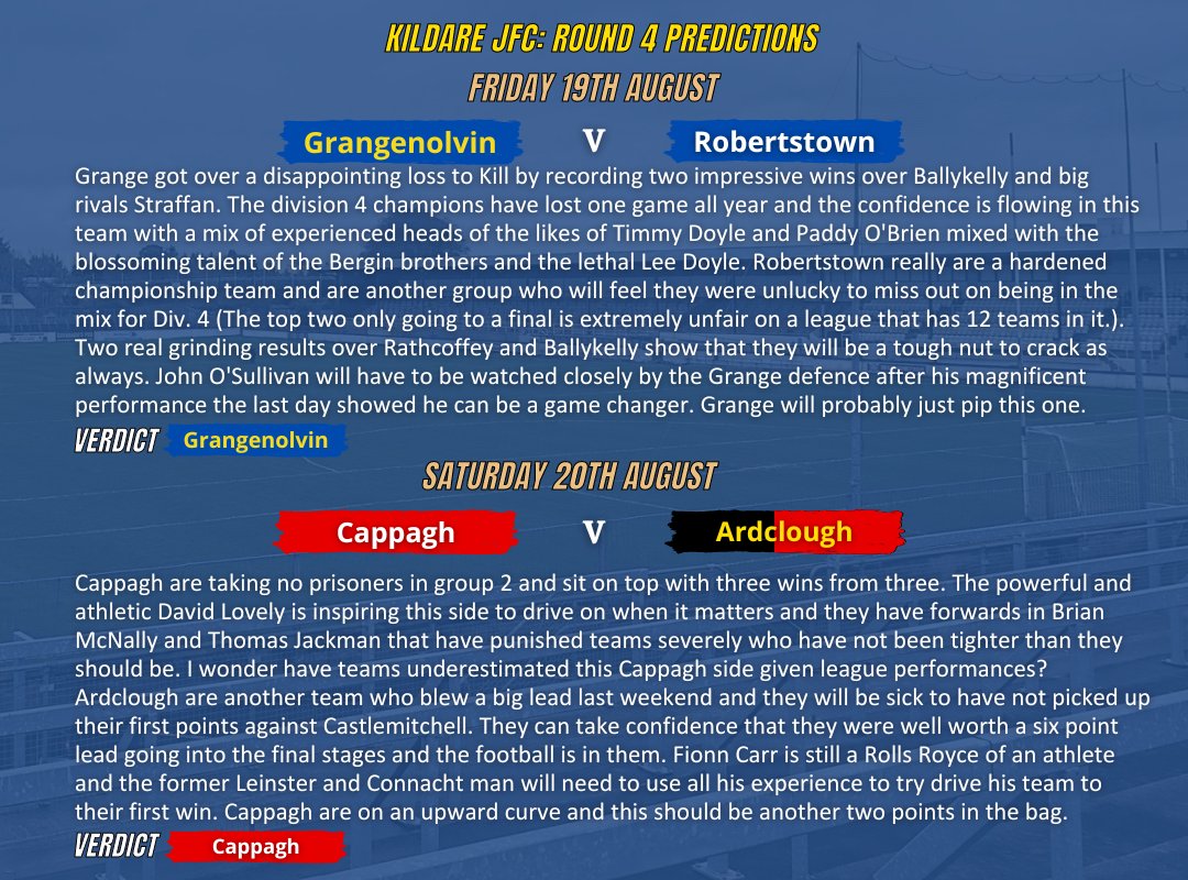 KildareFan2025's tweet image. 𝐊𝐢𝐥𝐝𝐚𝐫𝐞 𝐉𝐮𝐧𝐢𝐨𝐫 𝐂𝐡𝐚𝐦𝐩𝐢𝐨𝐧𝐬𝐡𝐢𝐩 𝐑𝐨𝐮𝐧𝐝 𝟒 𝐏𝐫𝐞𝐝𝐢𝐜𝐭𝐢𝐨𝐧𝐬
Predictions for the next round of the Junior Championship starting on Thursday night.