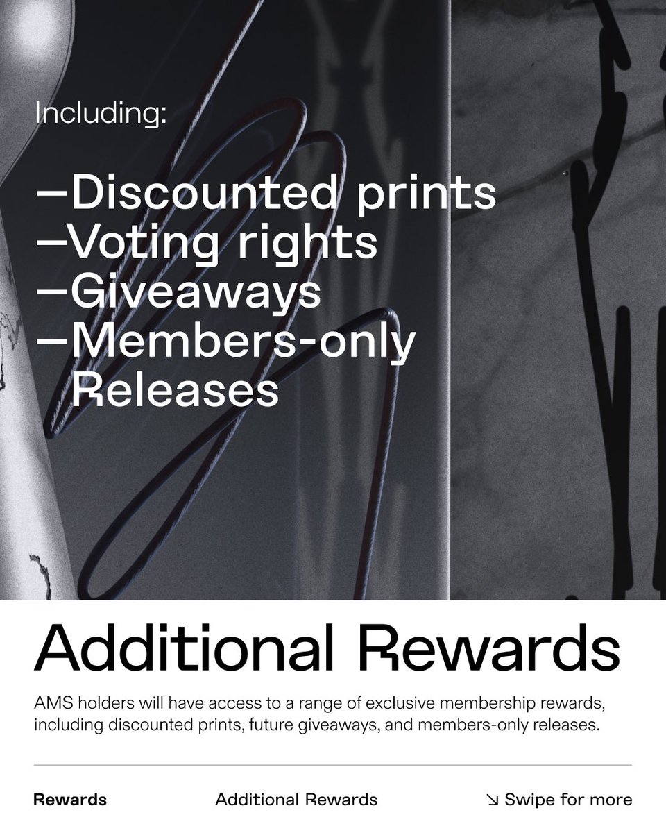 Dissrup (@dissrup1) on Twitter photo Alternate Medium Space: Rewards
<a href="/Rivadeneira___/">Roberto Rivadeneira</a>‘s AMS project will reward holders with 1 of 1 lotteries, giveaways, discounts and even the right to vote on which artists join the project.
Check images below for details on the range of rewards available to Season One holders. Alternate Medium Space: Rewards
<a href="/Rivadeneira___/">Roberto Rivadeneira</a>‘s AMS project will reward holders with 1 of 1 lotteries, giveaways, discounts and even the right to vote on which artists join the project.
Check images below for details on the range of rewards available to Season One holders.