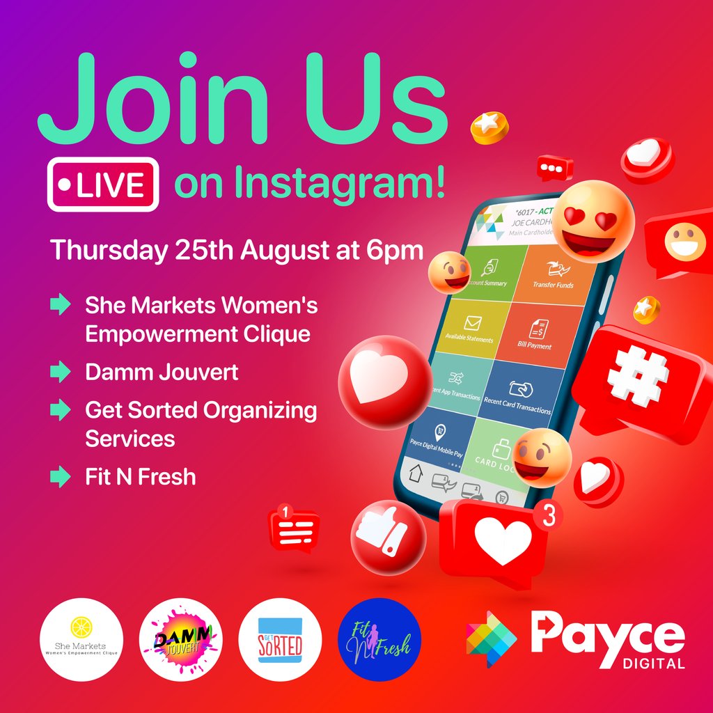 paycedigitalbds's tweet photo. Join us on Instagram LIVE on Thursday 25th August at 6pm as we introduce to you some of our NEW mobile partners; @shemarketswec @dammjouvert
@fitnfreshbb @getsorted246 Get a chance to learn
more about their products and services. https://t.co/6pOE8V99Nx