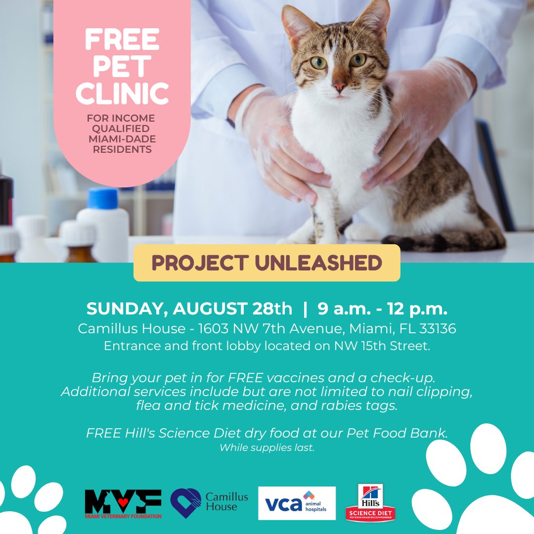 MiamiVetFdn's tweet photo. #ProjectUnleashed is scheduled for Sunday, August 28th from 9 a.m. to 12 p.m.
Location: 1603 NW 7th Avenue, Miami, FL 33136
FREE VACCINES, FREE Hill's Science Diet dry food and a CHECK-UP. Open to income-qualified Miami-Dade residents.
#MiamiPets #MVF #CamillusCares #Miami https://t.co/ekwhXFjcPs