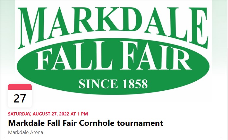 MarkdaleFair's tweet photo. 1st Annual Markdale Fall Fair Cornhole Tournament hosted by @CornholeMoondog!
Open to anyone and everyone with 2 divisions for 15 &amp; under and 16+.
All you need is a partner and $20 ($40/ team). 
Head over to https://t.co/N3ITX8AVLp to register today. Pay at the event. https://t.co/1aAOUDTu3r