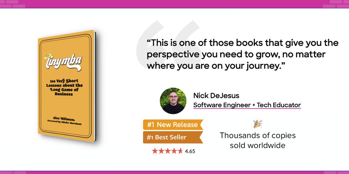 Reader love from <a href="/dayhaysoos/">Nick DeJesus 🛒🎉 - Former Unpaid CTO @BTPipeline</a> 🙏

“This is one of those books that give you the perspective you need to grow, no matter where you are on your journey.”

Grab your own copy today at tiny.mba