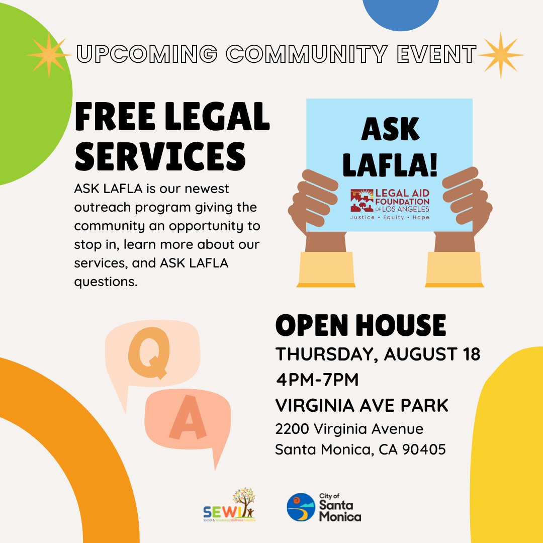 SEWIwellness's tweet photo. Check out this open house hosted by LAFLA to find out more about free legal aid! LAFLA helps with a variety of legal issues such as family law, domestic violence, housing rights, immigration, &amp; more. 
#sewi #SocialEmotionalWellness #SocialWork #MSW#JusticeEquityHope https://t.co/40r29jl4eI