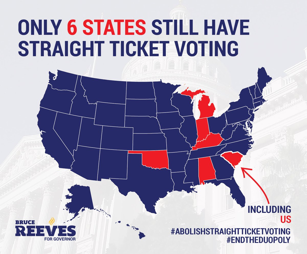 Reeves4SC's tweet photo. Straight ticket voting allows voters to choose a party’s entire slate of candidates with just a single ballot mark.
What happened to informed voting? This antiquated system is still being used in ONLY six states, 🚨South Carolina being one of them🚨. It's time to #endtheduopoly https://t.co/dcGqAJNlv8