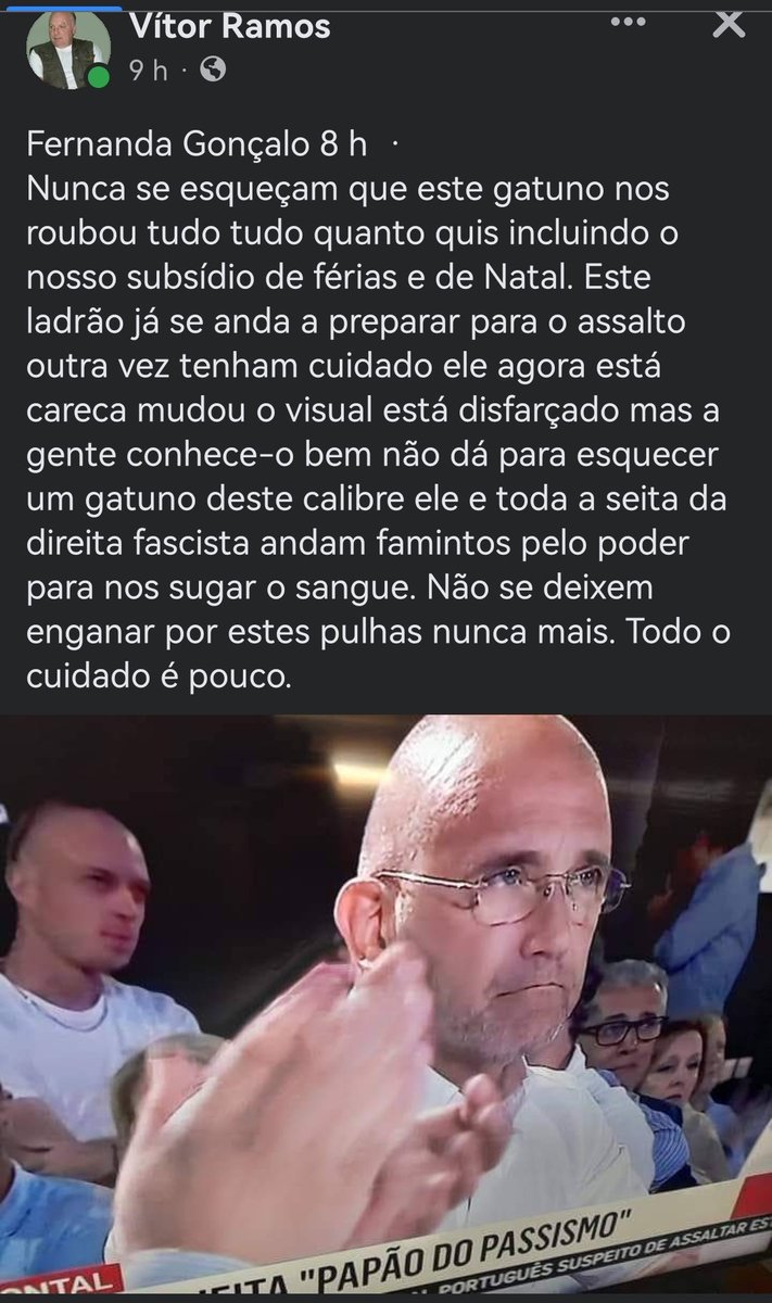 HerminioCerq's tweet photo. Nunca se esqueçam que este gatuno nos roubou tudo tudo quanto quis incluindo o nosso subsídio de férias e de Natal. Este ladrão já se anda a preparar para o assalto outra vez tenham cuidado ele agora está careca mudou o visual está disfarçado mas a gente https://t.co/aTUb7G785x