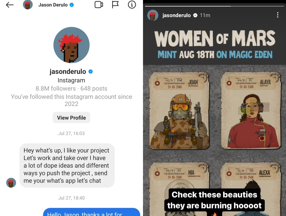 <a href="/jasonderulo/">Jason Derulo</a> collaboration 🔥 and IG story just posted! We are freaking out!!! Our hard work has been recognized 💪 and art projects are coming back through the big doors. 

Mars and beyond 🧑‍🚀🚀 #WEDIG #LFM