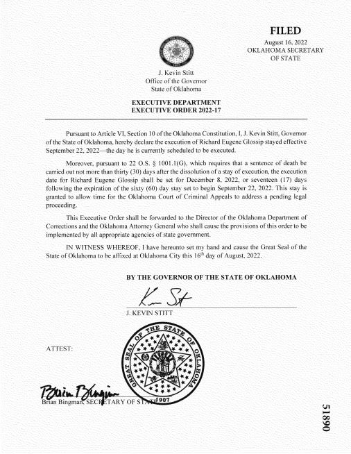 BREAKING: <a href="/GovStitt/">Governor Kevin Stitt</a> issues a 60-day stay for Richard Glossip. He was set to be executed in late September for the murder of Barry Van Treese. | <a href="/koconews/">koconews</a>