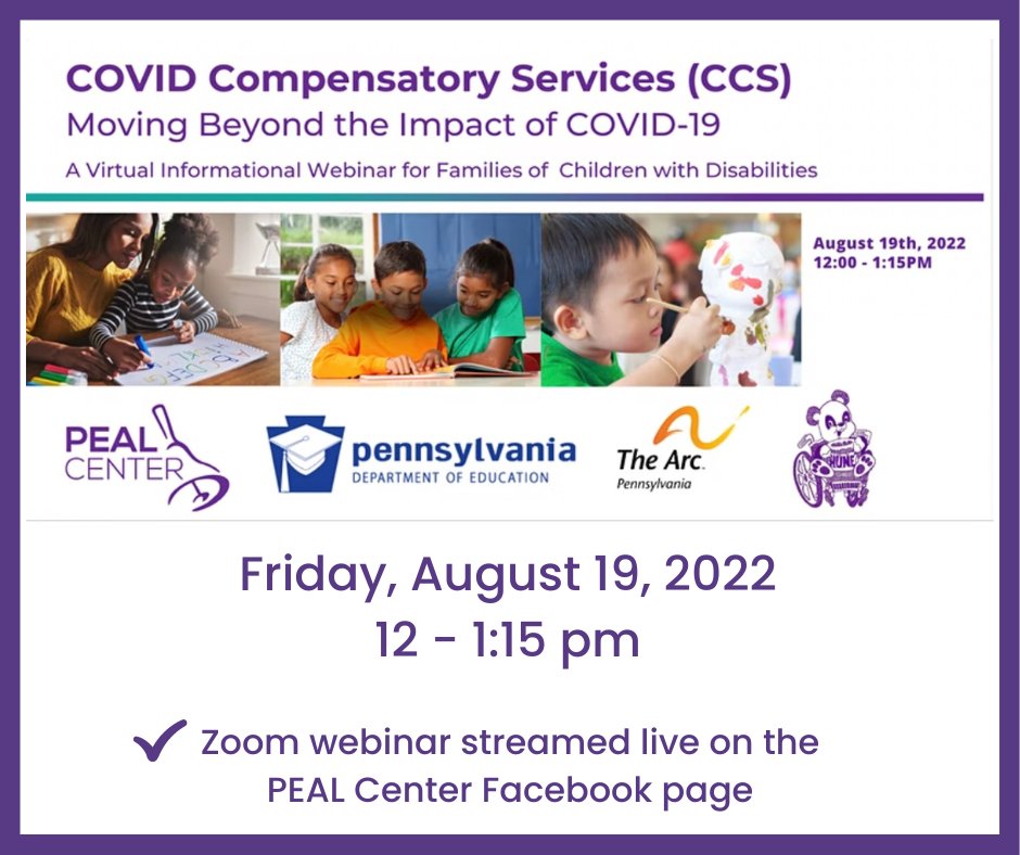 COVID Compensatory Services: Moving Beyond the Impact of COVID. 8/19/22, 12 - 1:15 PM. Learn about changes to guidelines &amp; implementation for COVID Compensatory Services for families &amp; professionals statewide.
Register: eventbrite.com/e/understandin…
<a href="/PADeptofEd/">PA Department of Education</a> <a href="/PEALCenter/">PEAL Center</a> <a href="/philahune/">HUNE</a>