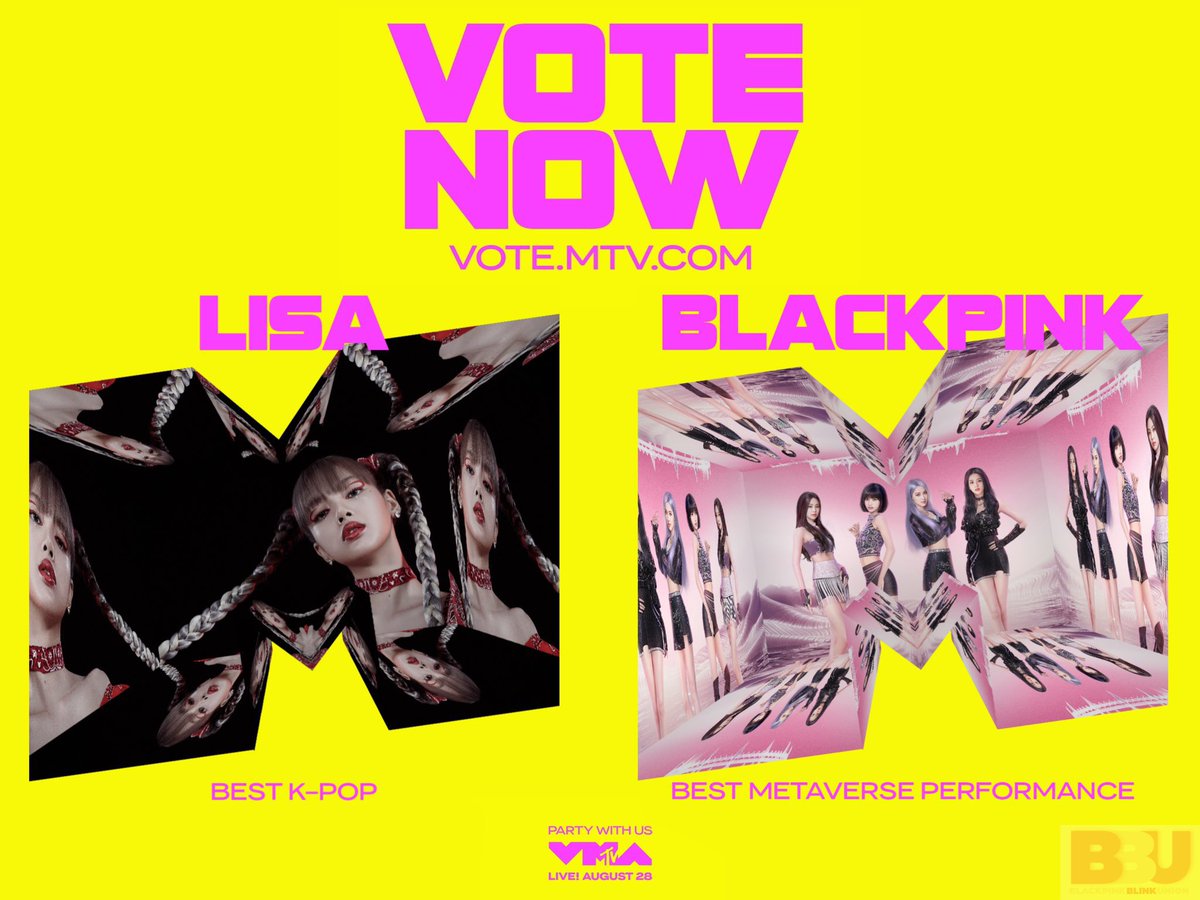 [‼️] BLINKS #VMAs HOUR in few minutes! be ready with your accs

BEST METAVERSE PERFORMANCE - #BLACKPINK’s THE VIRTUAL
👉🏻 mtv.com/vma/vote/best-…

BEST K-POP - #LISA’s LALISA
👉🏻 mtv.com/vma/vote/best-…

#BLACKPINKatVMAs
#2DaysToPINKVENOM
<a href="/BLACKPINK/">BLACKPINKOFFICIAL</a>
