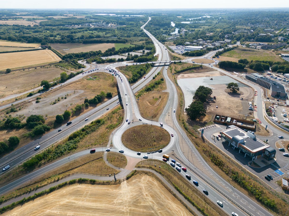 johnfielding001's tweet photo. The Postwick Interchange on Norwich's southern bypass. Everyone calls it the southern bypass but if you're trying to drive onto it, you won't find a road sign telling you where it is. #Norwich #aerial #image #Norfolk #Postwick https://t.co/c9d23w90AU