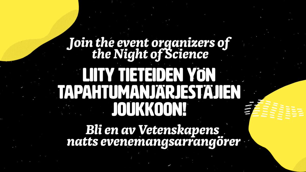 tieteidenyo's tweet photo. Tieteiden yön 2023 tapahtumanjärjestäjien haku on käynnissä. Lue lisää verkkosivuiltamme ja ilmoittaudu mukaan: https://t.co/azo2UQ4kVk https://t.co/f0bRDUelQX