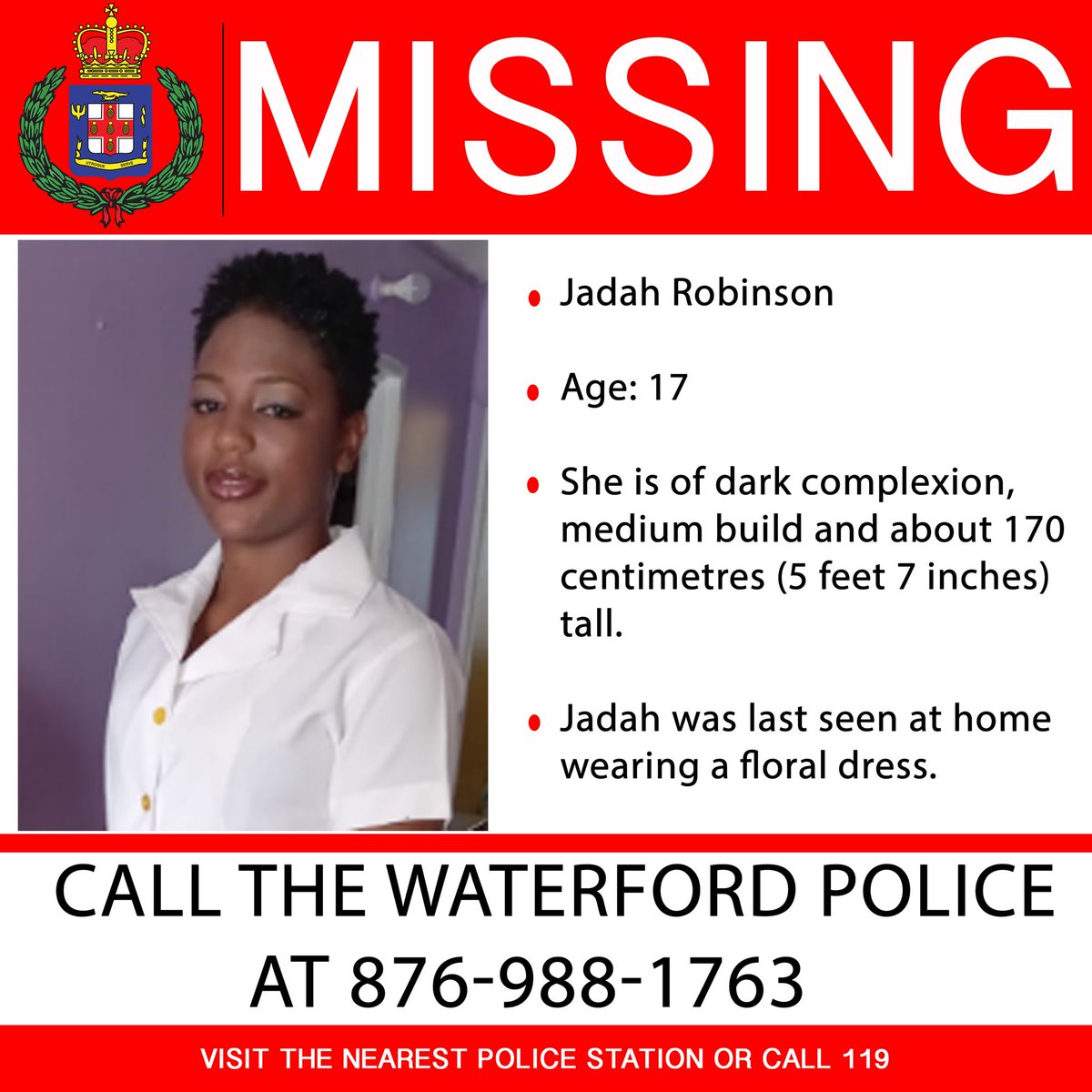JamaicaConstab's tweet photo. Help us find 17-year-old Jadah Robinson of Granville Road, Portmore, St. Catherine who has been missing since Wednesday, August 10. https://t.co/dmfho5desN