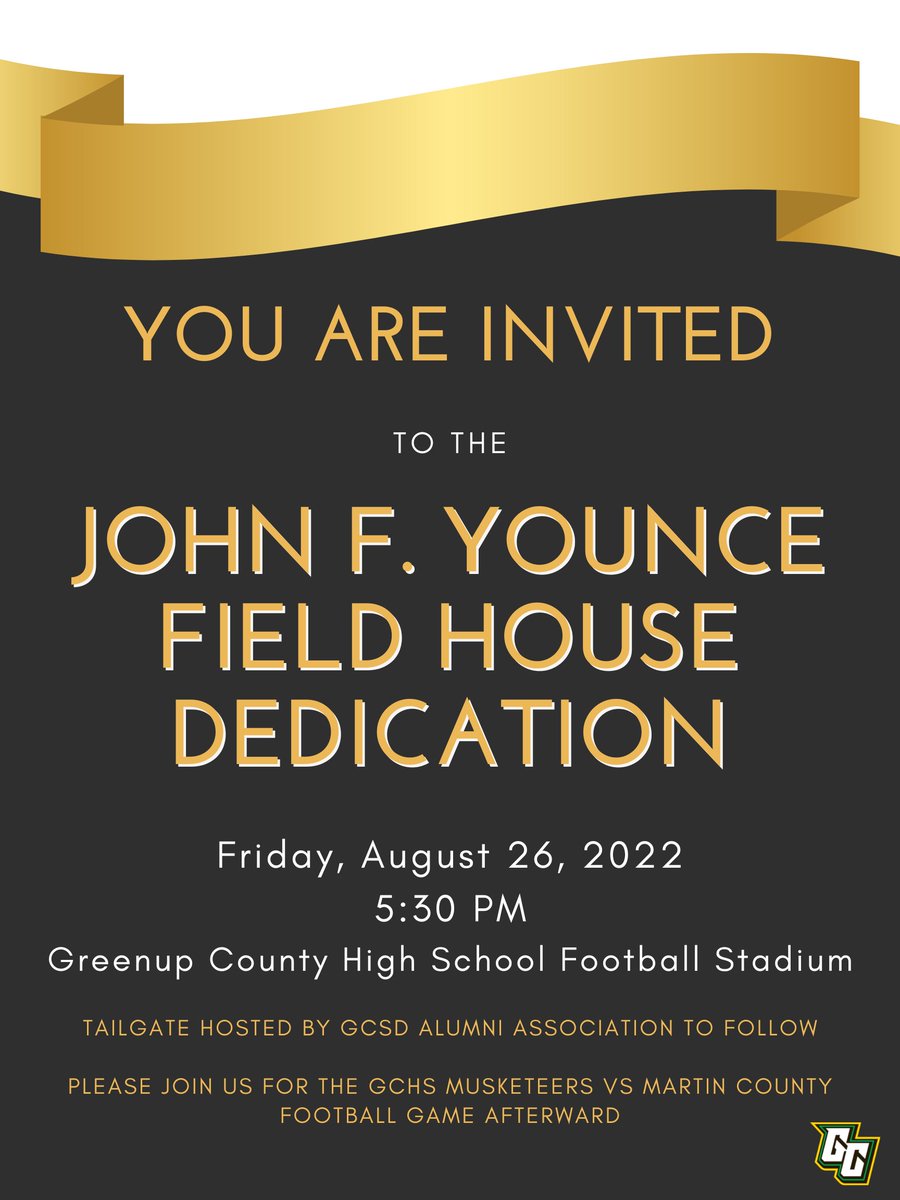 Join us for a tailgate following the dedication of the GCHS Field House to our own John F. Younce.
#GCAllForOne #HappyCamper #BelieveInGC