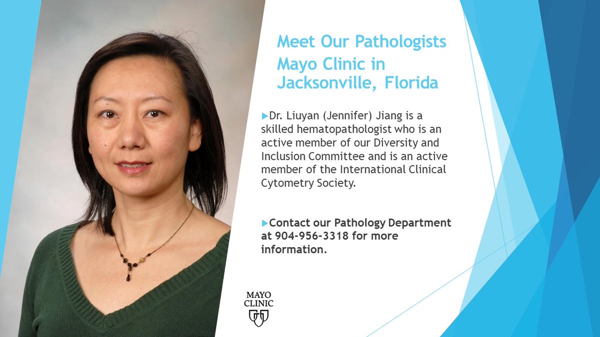MayoPathology's tweet photo. Meet our #pathologist Dr. Liuyan (Jennifer) Jiang 🔬 #HemPath #hematopath #MayoClinicFL @MayoPathology Depart. provides opinion consultations. This program may help you choose the most effective treatment. We have experts in a wide range of cancer and non-cancer subspecialties https://t.co/ZS3LGVu12C