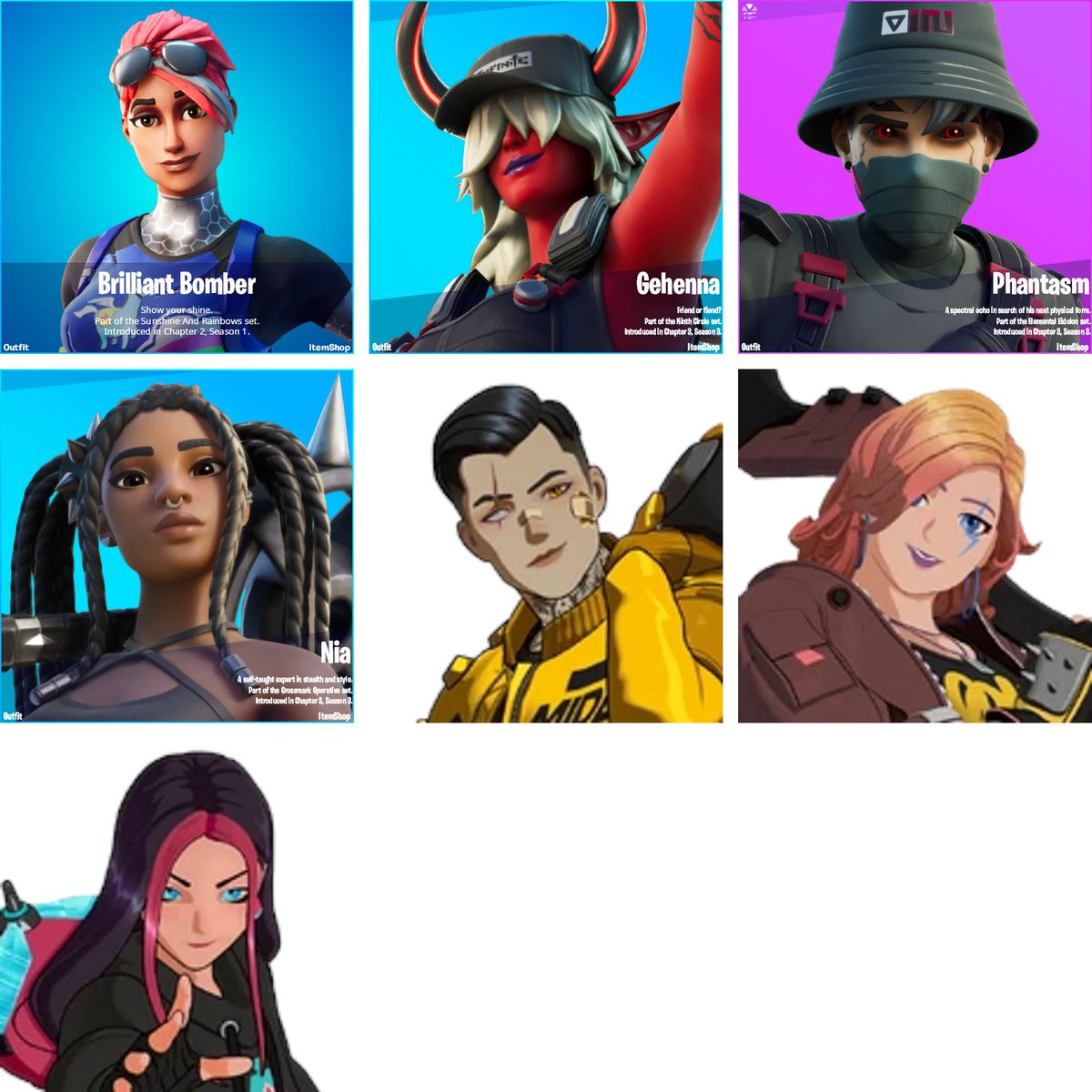 BelgieLeaks's tweet photo. All Unreleased Skins v21.40
(7 skins)(8 encrypted paks)

(Unknown)
--Brilliant Bomber

(Item Shop)
--Gehenna

(Level Up Pack)
--Phantasm

(STW Starter Pack)
--Nia

(Anime Legends Bundle)
--Golden Gear Midas
--Ready Penny
--Ricochet Rox
#Fortnite #FortniteLeaks #FortniteSeason3 https://t.co/FYNbzbikz9