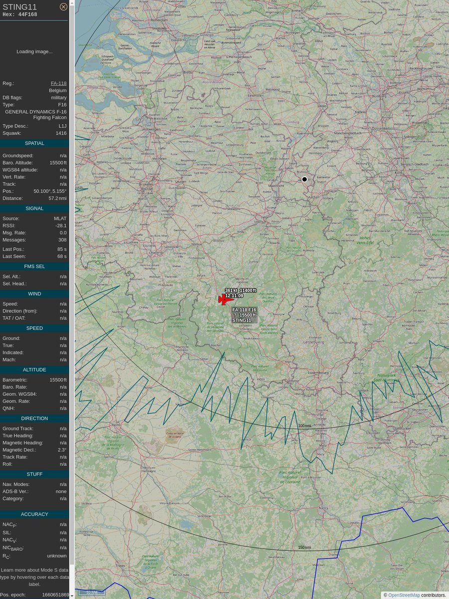 AboveHeerlen's tweet image. #PlaneAlert ICAO: #44F168 Tail: #FA118 Flt: #STING11 
Owner: #BelgianAirComponent
Aircraft: #F-16 Fighting Falcon
2022/08/16 14:11:09
#F16 #Mil #YouJustLostARefinery #FighterJet #Luchtcomponent #OtherAirForces youtu.be/DyruzLjVwbc?t=… 
globe.adsbexchange.com/?icao=44F168&amp;amp;s…