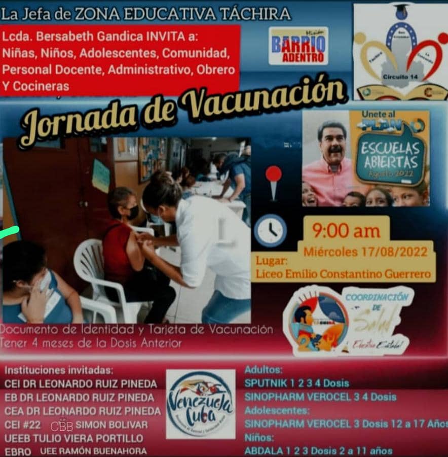 Invitamos a la Escuela,  Comunidad y Familia a reforzar sus  vacunas el día miércoles  17 en el Liceo Emilio Constantino Guerrero
@MPPEDUCACION 
@ZonaEducTachira 
<a href="/NicolasMaduro/">Nicolás Maduro</a>
<a href="/yelitzePSUV_/">Yelitze Santaella</a>
@berzabethg1
<a href="/supervisionZET1/">SupervisionZET</a>
<a href="/SEETachira/">Salud Educativa Estadal</a>
<a href="/vzlacubasolida1/">Solidaridad Venezuela - Cuba</a>
<a href="/DirEduTachira/">Dirección de Educación del Táchira</a>
<a href="/Silfredo_SC/">Silfredo Zambrano</a>