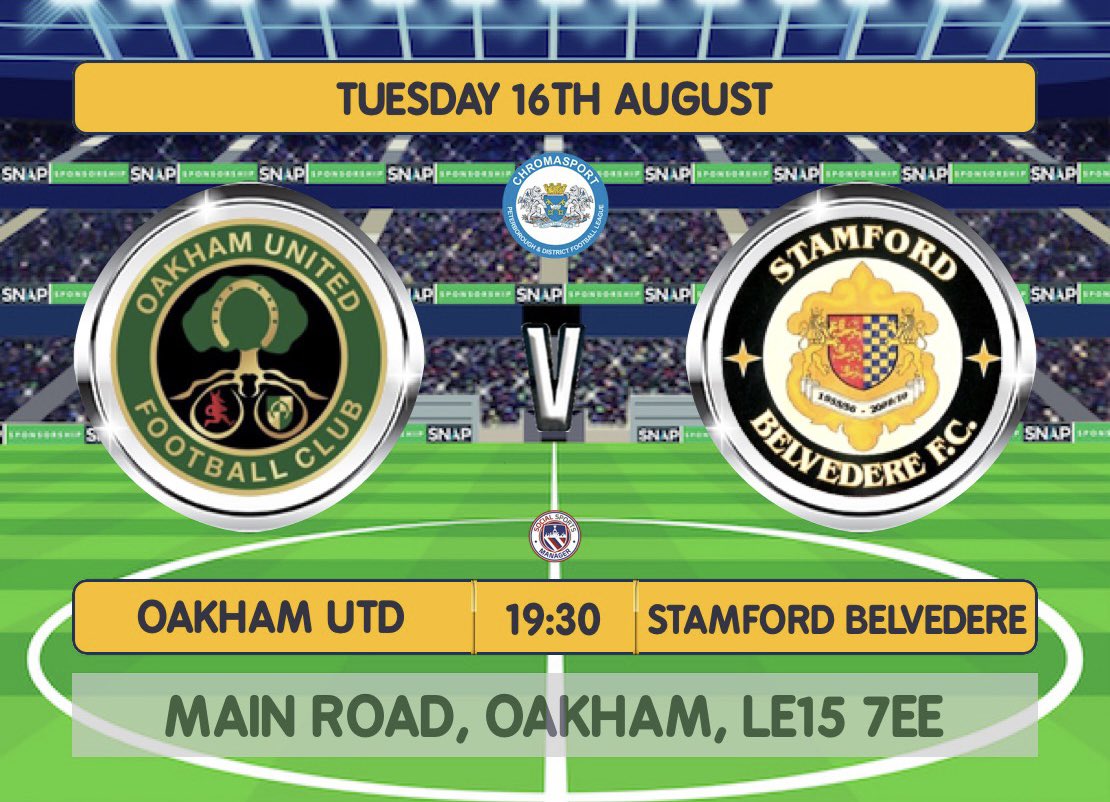 🚨MATCH DAY🚨 

🏆 <a href="/PDFLUK/">Peterborough & District Football League</a> Premier Division 
🆚 <a href="/OakhamUnited/">Oakham United FC</a> 
📆 Tuesday 16th August 
⏰ 7:30pm Kick Off
📍 Main Road, Oakham, LE15 7EE

Come and support the boys! 

SBFC ⚽️🔔🧡
